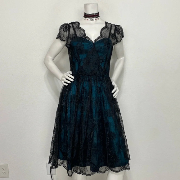 Voodoo Vixen NEW Black Teal Embroidered Lace Overlay Witchy Retro Pin Up Dress S - Picture 2 of 15